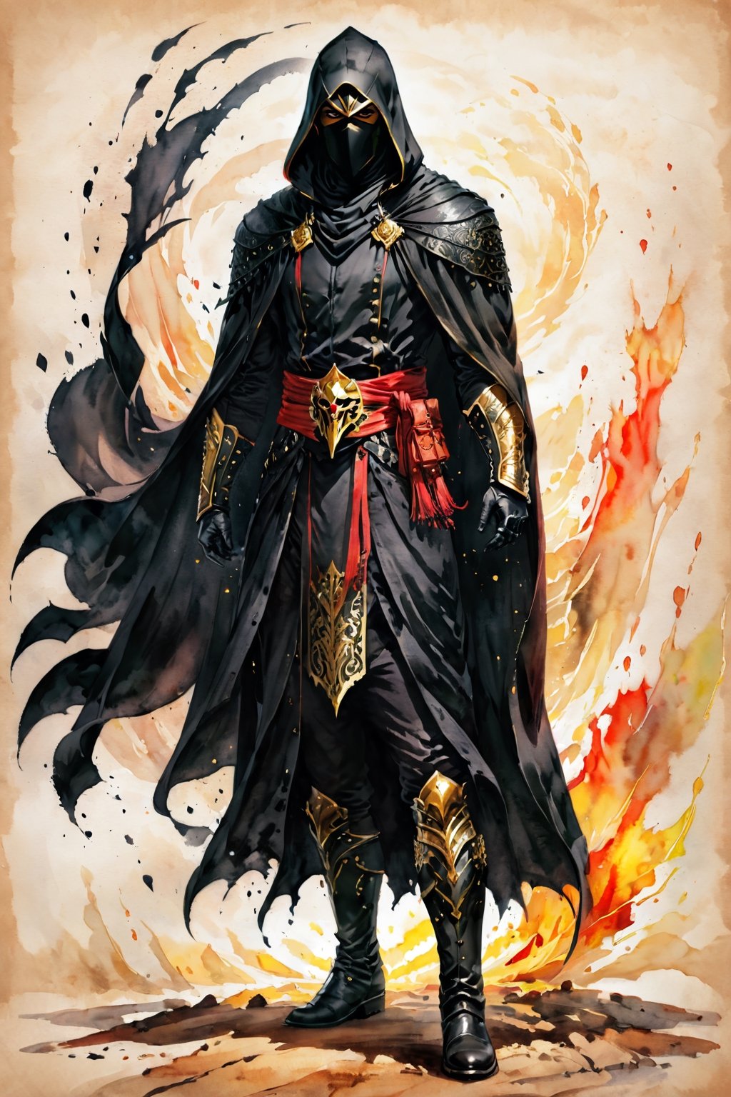 ((watercolor on parchment)) score_9, score_8, score_7_up, evil glare, muscular male assassin ewaring a black mask, black skin, sinister, gold eyes, black cloak, black robes, black boots, white background, full body shot, solo, 1 person, masterpiece,skpleonardostyle,painted world