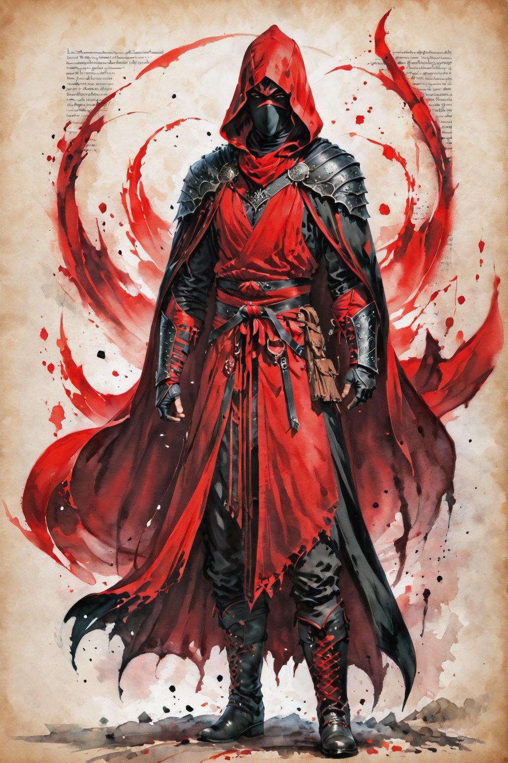 ((watercolor on parchment)) score_9, score_8, score_7_up, muscular male human assassin, red and black, cloak, robes, boots, white background, full body shot, solo, 1 person, masterpiece,skpleonardostyle,painted world