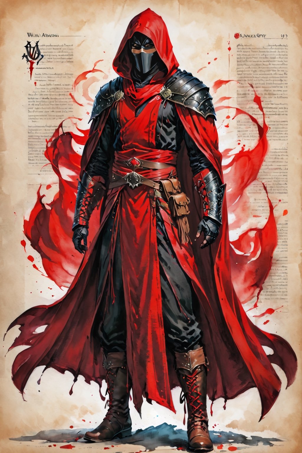 ((watercolor on parchment)) score_9, score_8, score_7_up, muscular male human assassin, red and black, cloak, robes, boots, white background, full body shot, solo, 1 person, masterpiece,skpleonardostyle,painted world