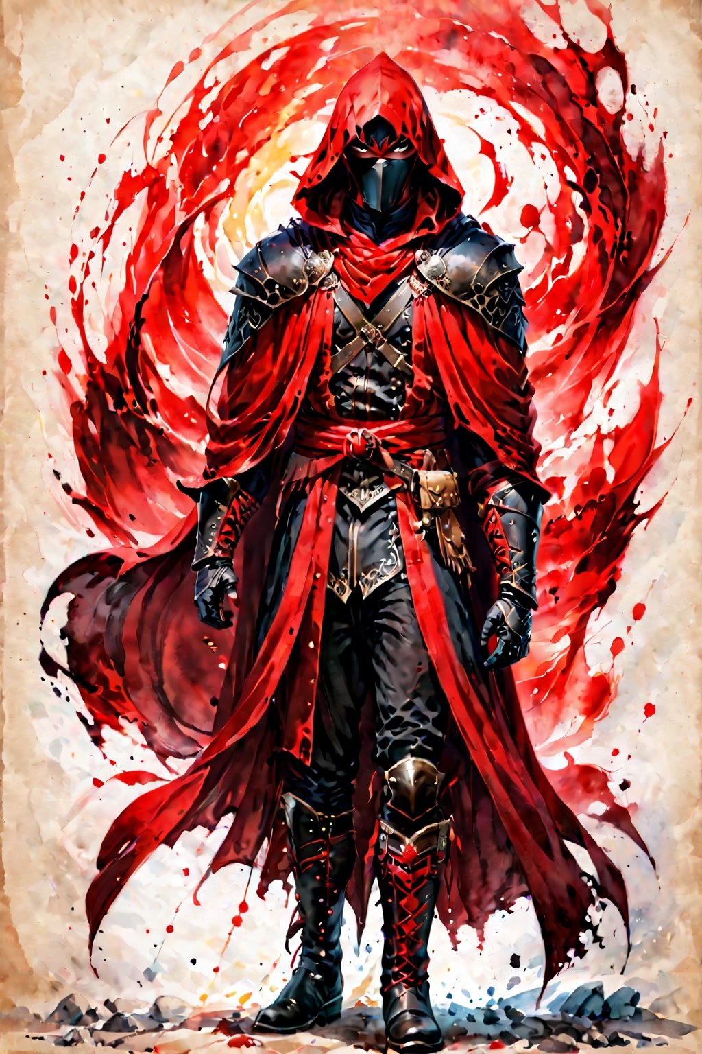 ((watercolor on parchment)) score_9, score_8, score_7_up, muscular male human assassin, red and black, gloves, cloak, robes, boots, white background, full body shot, solo, 1 person, masterpiece,skpleonardostyle,painted world