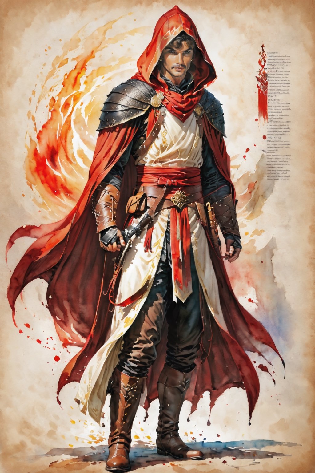 ((watercolor on parchment)) score_9, score_8, score_7_up, muscular male human assassin, brown and white, cloak, robes, boots, white background, full body shot, solo, 1 person, masterpiece,skpleonardostyle,painted world