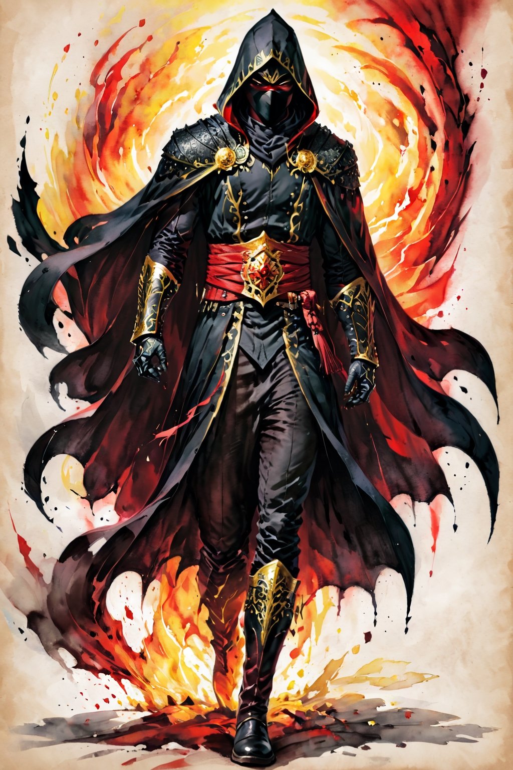 ((watercolor on parchment)) score_9, score_8, score_7_up, evil glare, muscular male assassin, black skin, sinister, gold eyes, black cloak, black robes, black boots, white background, full body shot, solo, 1 person, masterpiece,skpleonardostyle,painted world