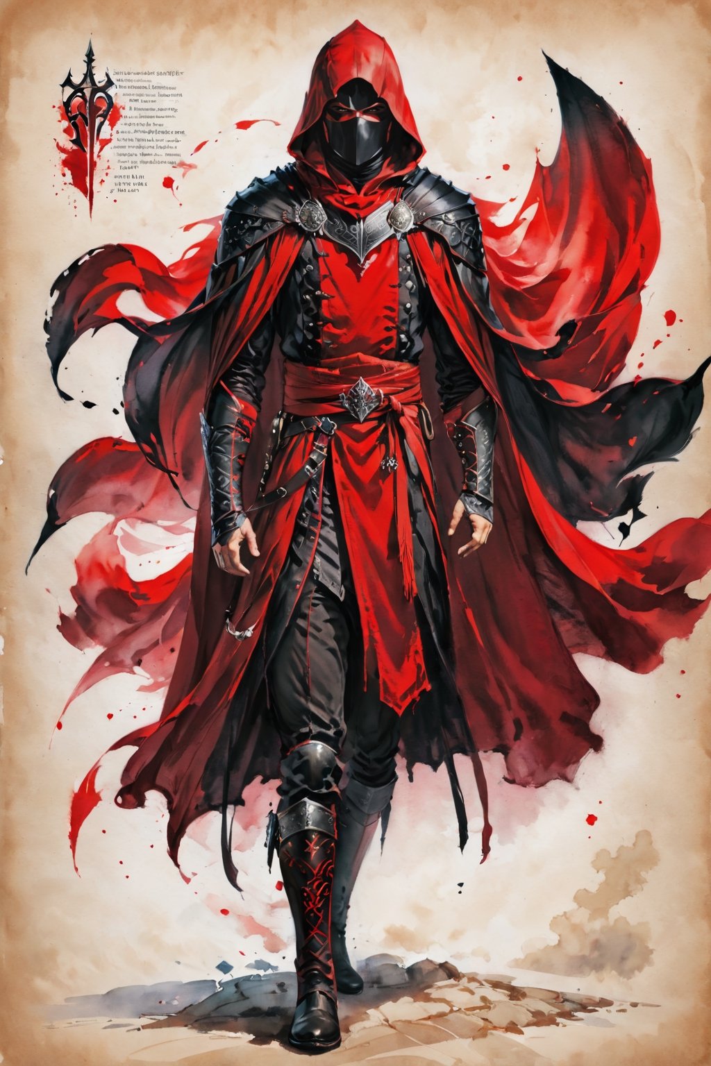 ((watercolor on parchment)) score_9, score_8, score_7_up, muscular male human assassin, red and black, cloak, robes, boots, white background, full body shot, solo, 1 person, masterpiece,skpleonardostyle,painted world