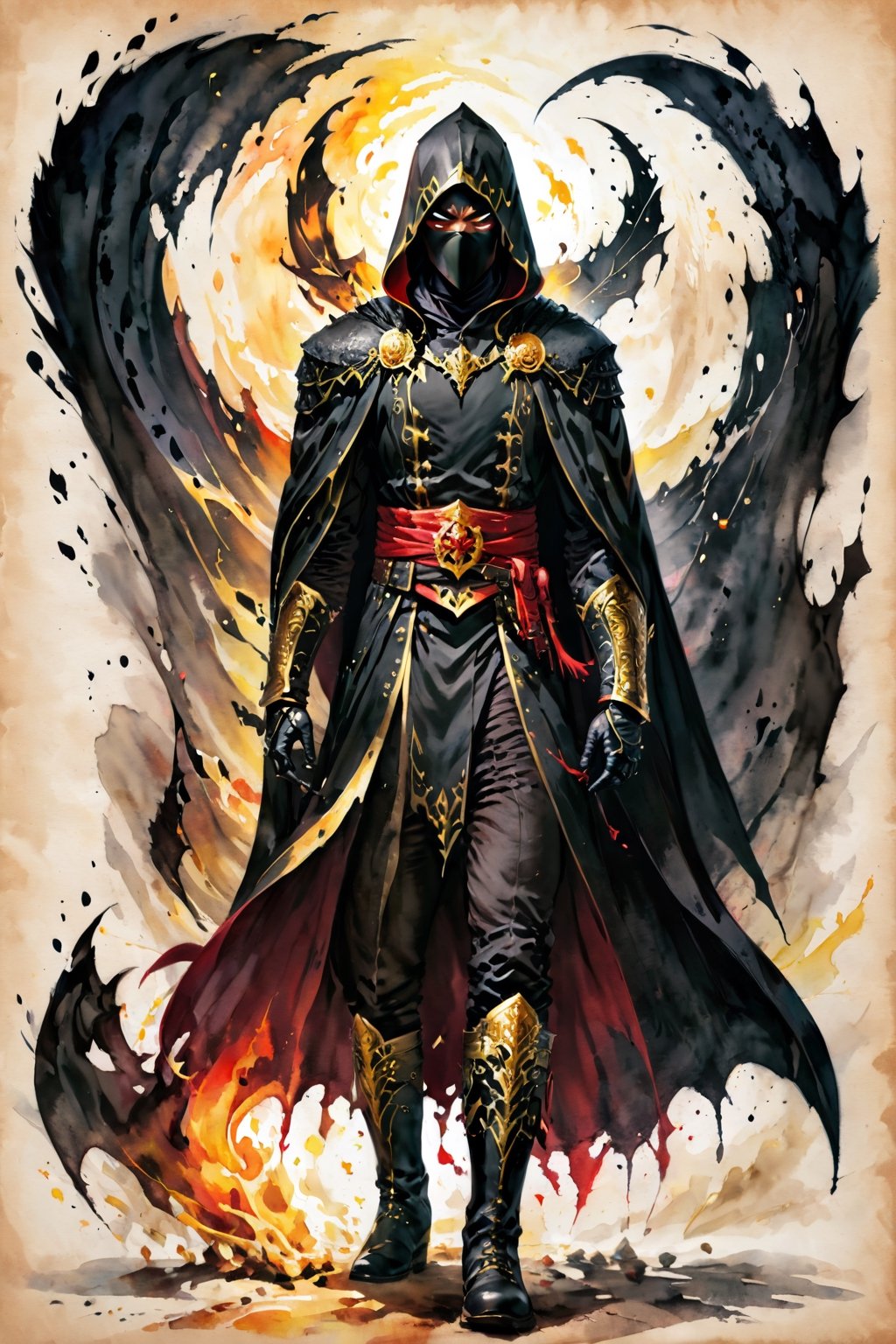 ((watercolor on parchment)) score_9, score_8, score_7_up, evil glare, muscular male assassin, black skin, sinister, gold eyes, black cloak, black robes, black boots, white background, full body shot, solo, 1 person, masterpiece,skpleonardostyle,painted world