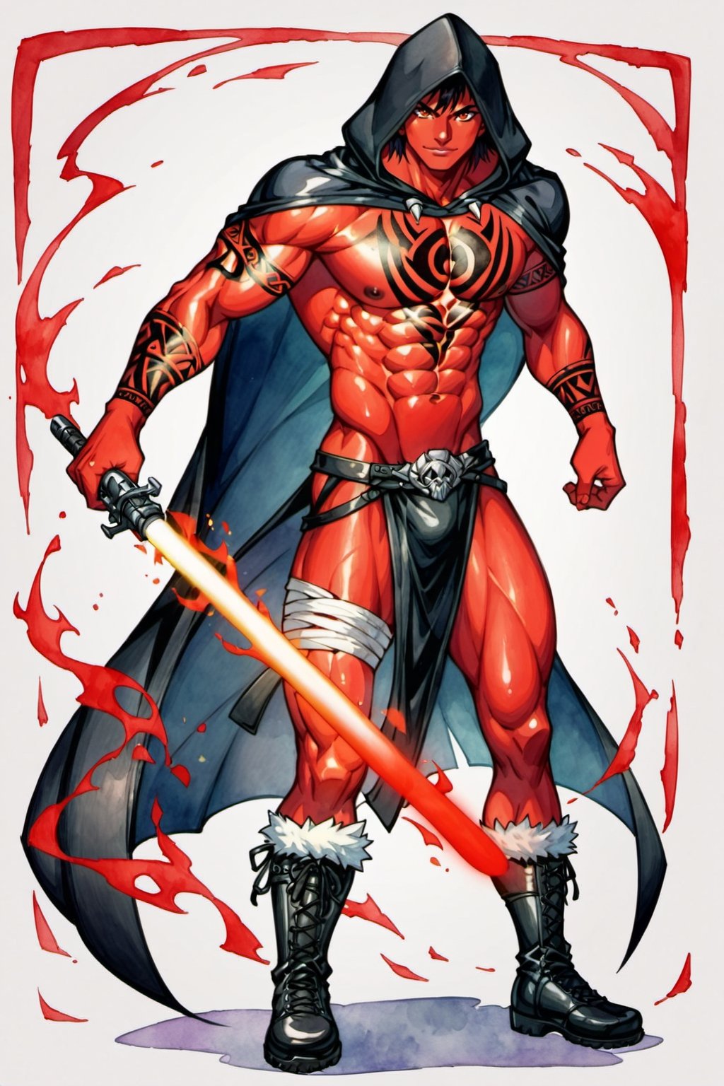 ((watercolor illustration on parchment)) score_9, score_8, score_7_up, evil glare, frowning, muscular male with red skin holding a red lightsaber, full body black tribal tattoos, black tribal facce tattoos, sinister, scowling, frowning, toned arms, toned thighs, toned abs, short black hair, red eyes, bloack hood, black cloak, black robes, black boots, white background, full body shot, solo, 1 person, masterpiece,JediStyle,KA