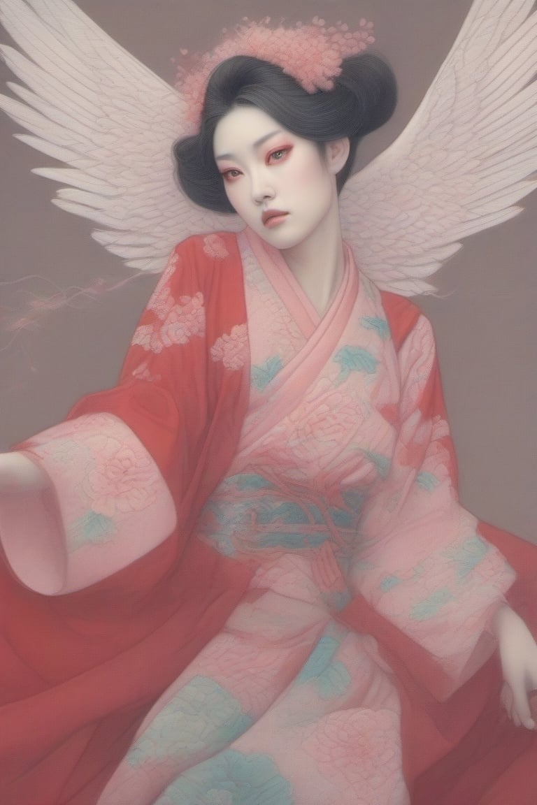 Create a Beautiful woman, in the style of stefan kostic, pastels, realistic, sharp focus, 8k high definition, insanely detailed, intricate, elegant, art by Hsiao ron cheng,taiwan,ral-glydch,Red mecha,emo,Ukiyo-e,Eimi,Angel,AngelicStyle