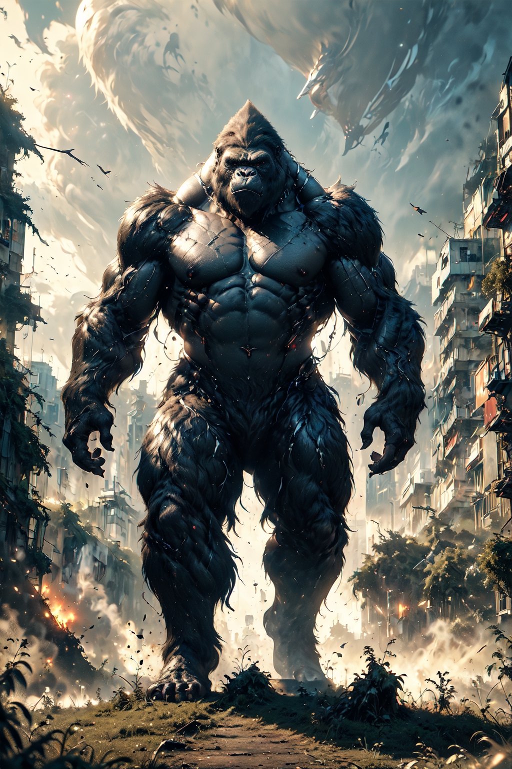 (Masterpiece:1.5), (Best quality:1.5), Cyberpunk style, full body, A towering King Kong, amidst a ruined city, bellows in fury. The massive creature, its fur a shimmering silver, muscles rippling beneath its majestic form, stands as a symbol of primal power and untamed beauty. This remarkable image is a digitally enhanced photograph, capturing every intricate detail with stunning clarity and depth. The backdrop of crumbling buildings and twisted metal only serves to enhance the gorilla's imposing presence, making it a truly unforgettable sight. With each pixel meticulously crafted, this image exudes a sense of awe and wonder, leaving viewers breathless in the face of such magnificence, King Kong,Magic Forest,no_humans,mechadinov1,naked,DonM4lbum1n