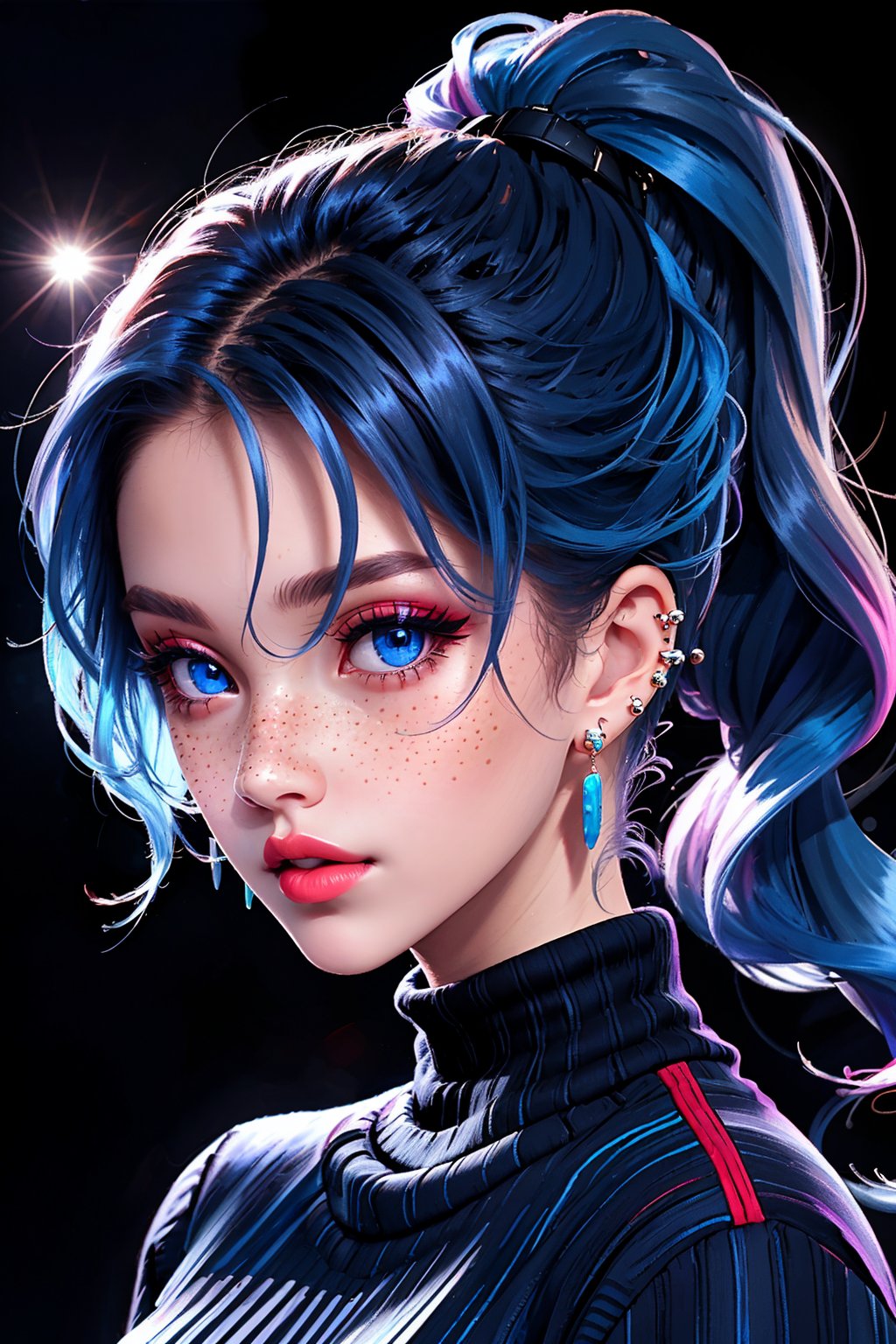 1girl, solo, long hair, looking at viewer, bangs, blue eyes, simple background, jewelry, blue hair, ponytail, earrings, parted lips, glasses, sweater, lips, eyelashes, makeup, turtleneck, piercing, black background, ear piercing, portrait, freckles, round eyewear