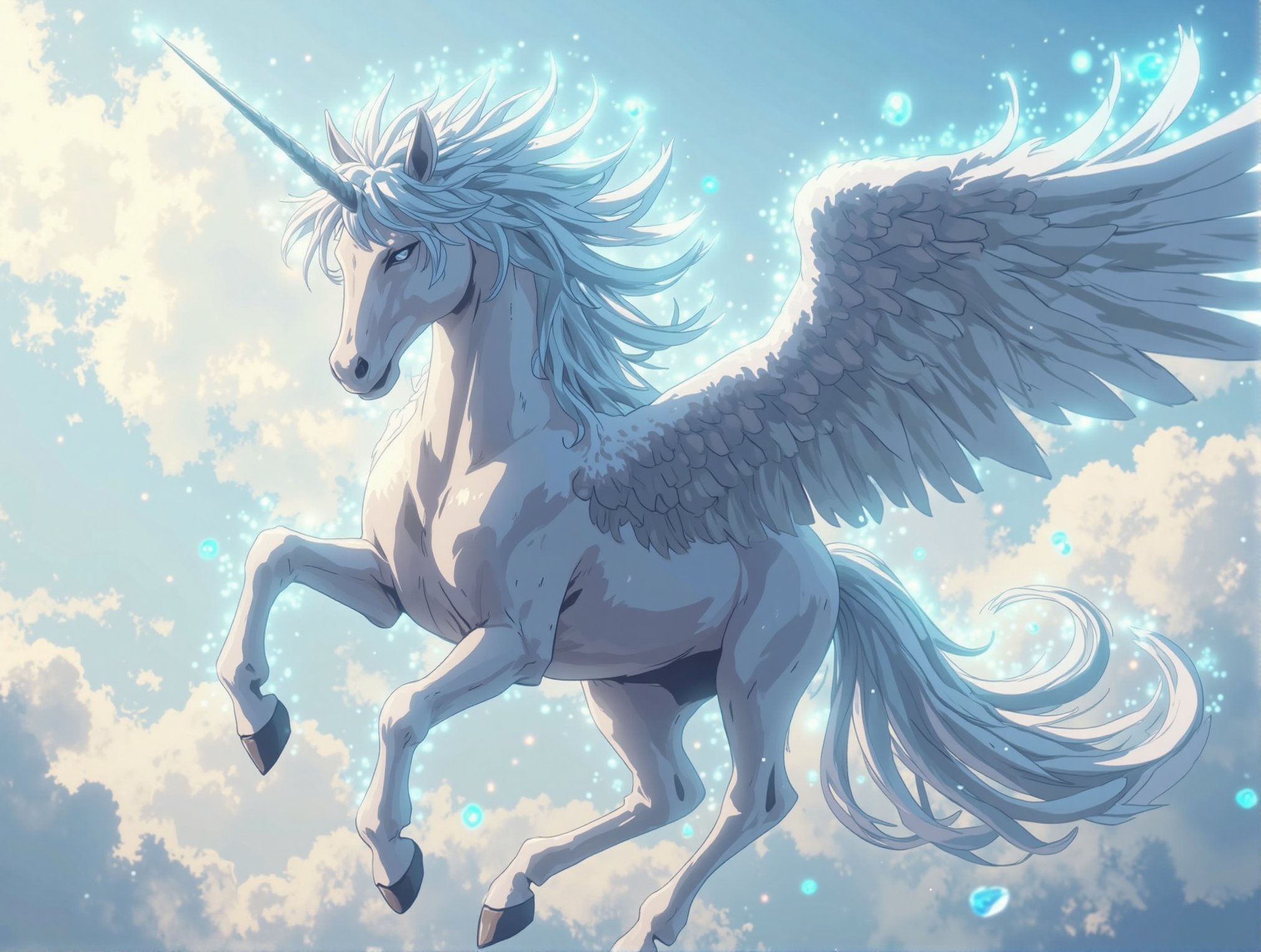 A majestic, anime-style Pegasus flying through a bright, white, and cloudy sky. The Pegasus has powerful wings, with feathers highlighted by a soft blue glow that creates wavy, magical effects around it. Its mane and tail flow wildly, resembling flames but in shades of icy blue, contrasting against the soft, cloud-filled background. Intricate markings and subtle armor add elegance to the creature, while gentle sunlight filters through the clouds, casting a dreamy ambiance. High detail, sharp focus on textures and glow effects, capturing the essence of myth and fantasy.