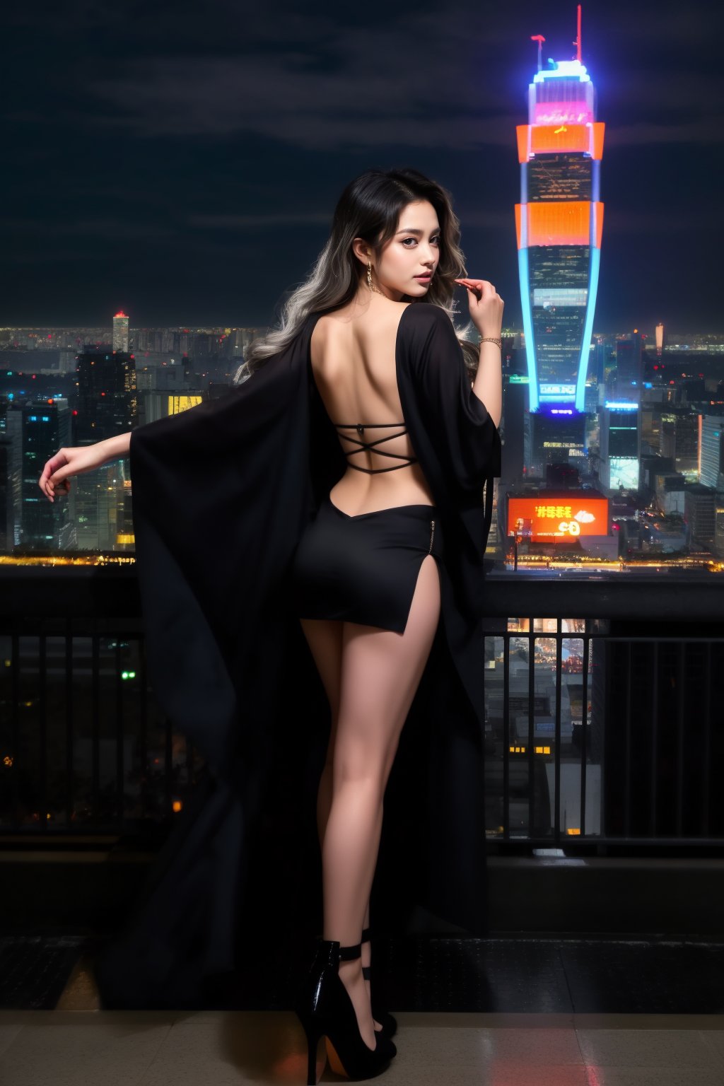 A striking solo figure,  an Asian woman stands poised atop a towering skyscraper at the stroke of midnight. Dressed in a d...