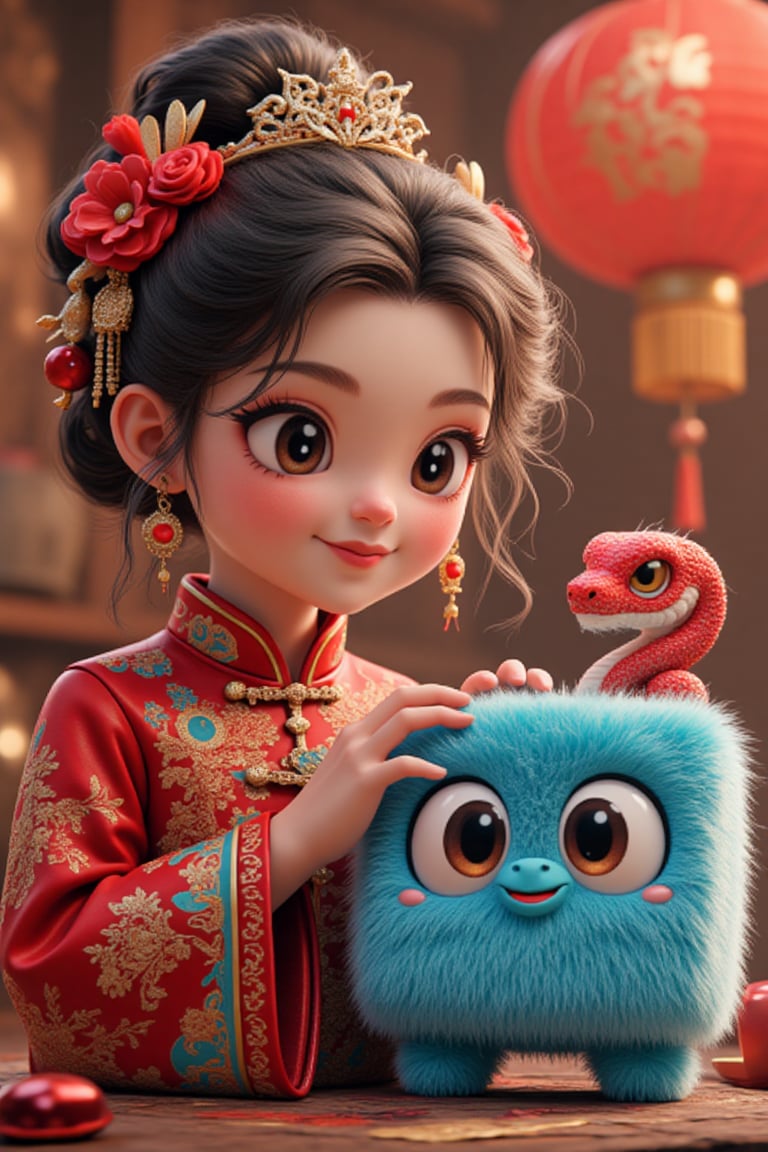 [Subject] An enchanting Asian woman dressed in a traditional yet alluring red qipao with intricate gold embroidery,  symbo...
