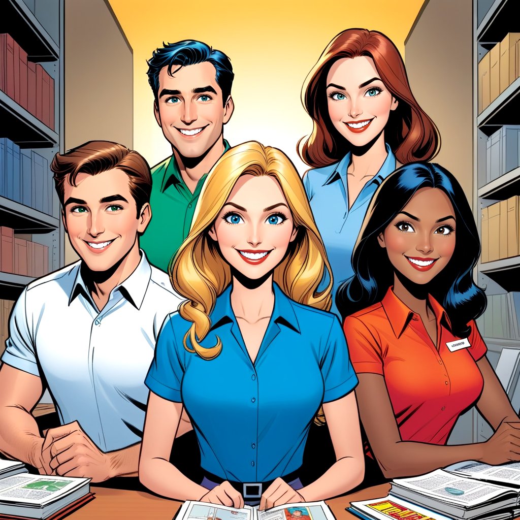 comic book illustration, a group of 5 corporate man and women smiling in professional environment ,comic art, graphic novel art, vibrant, highly detailed,3D,T-shirt design,illustration