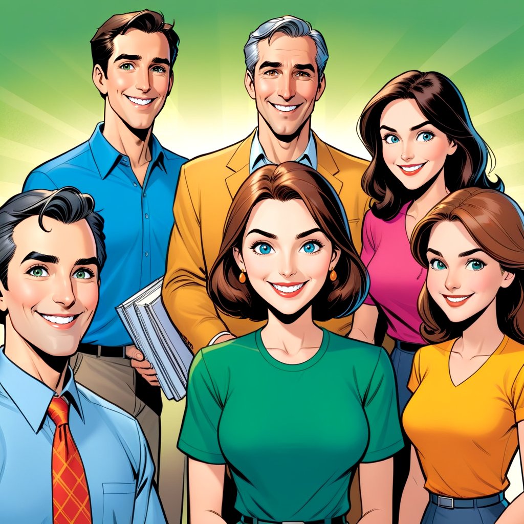 comic book illustration, a group of 5 corporate man and women young and old smiling in professional environment ,comic art, graphic novel art, vibrant, highly detailed,3D,T-shirt design,illustration