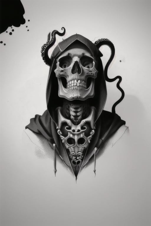 Dark tattoo, skull with a hood, big tentacles at the bottom, black and white, detailed, realistic