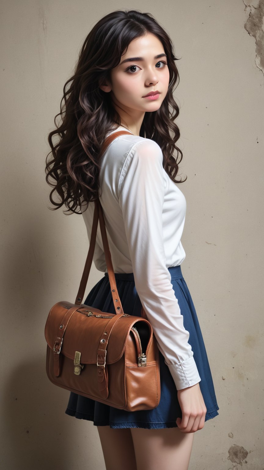 masterpiece, best quality, photorealistic, raw photo, 1girl, , long wavy hair,daily Indian outfit with back bag , light, detailed skin, pore, low key, blinding background , solo