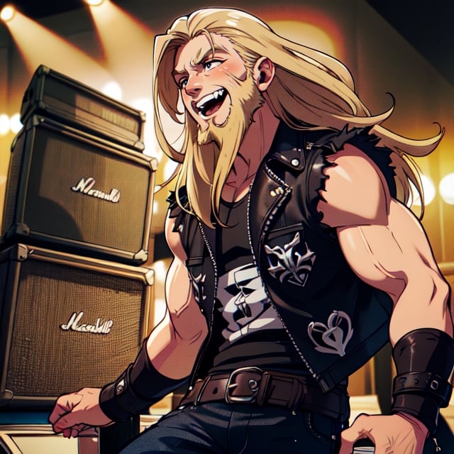 Zakk Wylde, heavy metal, heavy metal guitarist, muscle guy, biker vest, black jeans, black t shirt, leather bracelet, dark blue eyes, smile,blonde hair, blonde long beard, concert stage, marshall amplifier, American comic style,