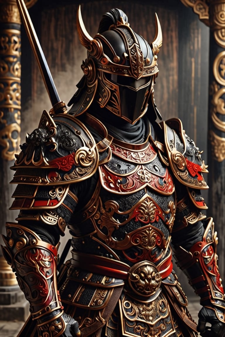 armored samurai warrior, black and red colors, tough looking man face, academic classicism, 32k uhd, spectacular backdrops, bronze playfulness, associated press photo,bl1ndm5k,LegendDarkFantasy,Obsidian_Gold