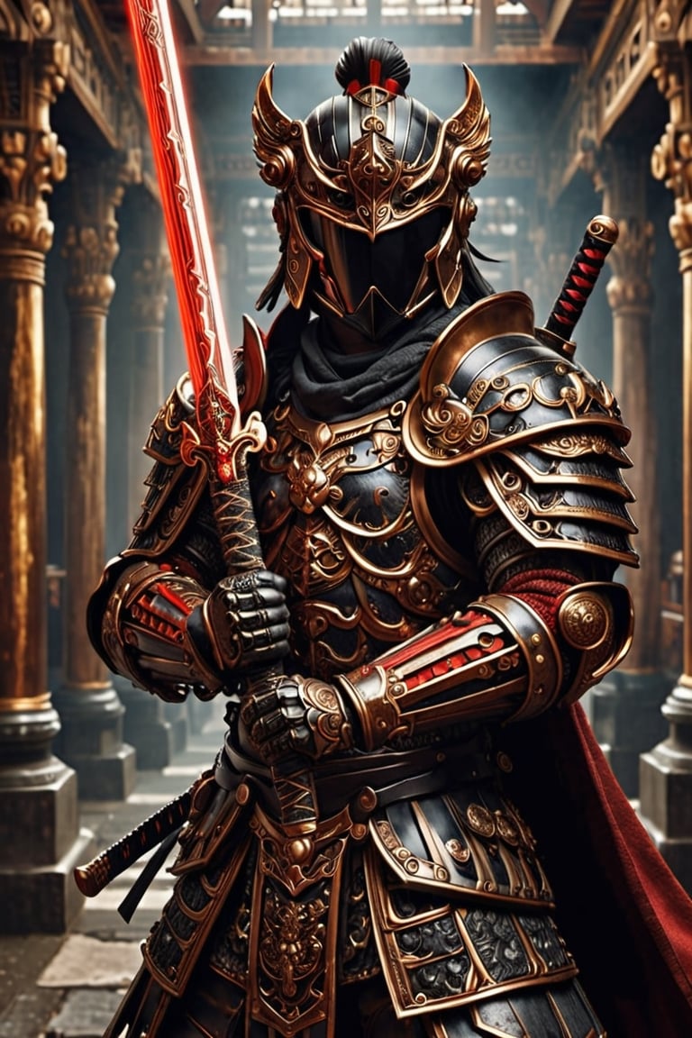 armored samurai warrior, black and red colors, sword on hand, tough looking man face, academic classicism, 32k uhd, spectacular backdrops, bronze playfulness, associated press photo,bl1ndm5k,LegendDarkFantasy,Obsidian_Gold