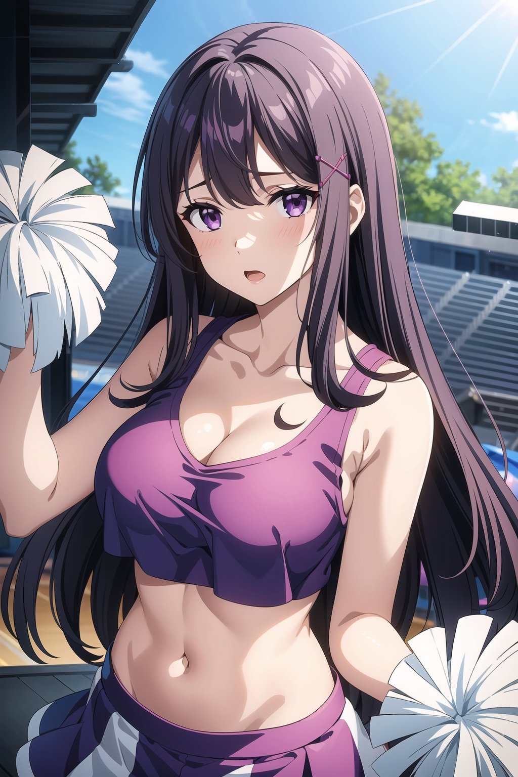 1girl, solo, long hair, breasts, looking at viewer, blush, open mouth, bangs, large breasts, shirt, hair ornament, navel, cleavage, bare shoulders, purple eyes, collarbone, upper body, sleeveless, midriff, crop top, wristband, cheerleader, pom pom \(cheerleading\)