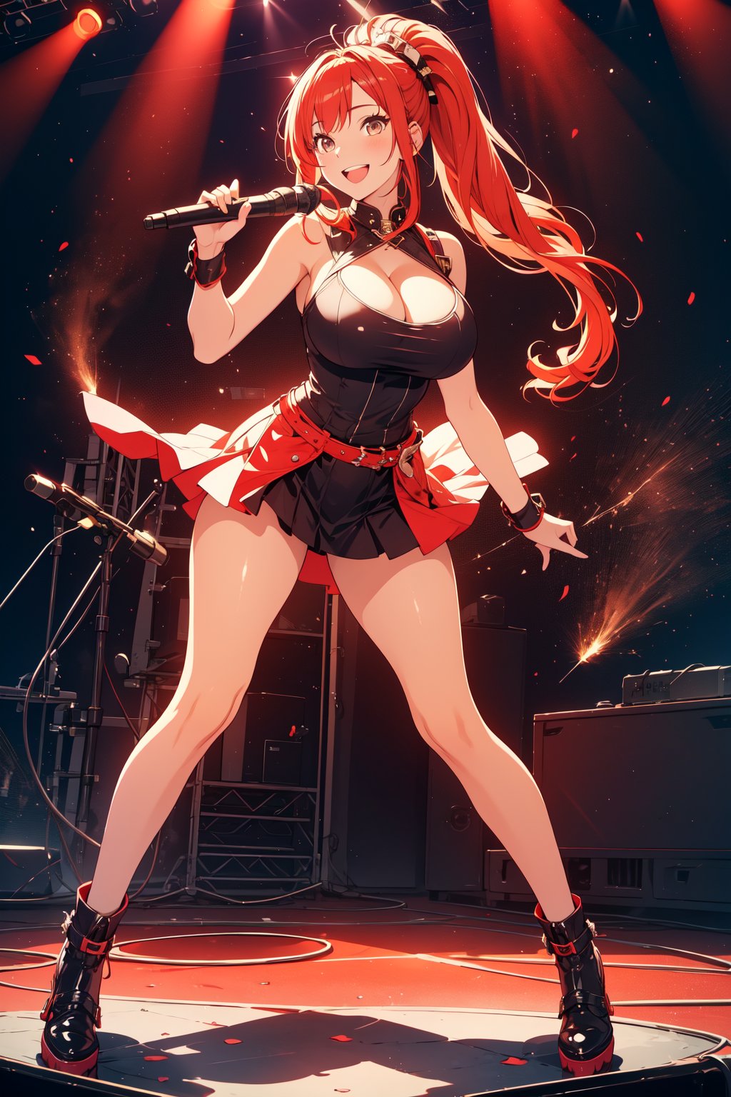 A full body shot of a female teenager, vermillion red hair, wearing a sparkly outfit, ponytail, singing with a microphone on stage, Her long hair bounces with each hit as she plays a lively rhythm, her eyes shining with excitement. psychodelic lighting create a dreamy atmosphere, while the composition emphasizes her joyful energy. Leather rocker outfit, tight tanktop, big breasts, big tits, bis chest, wide hips, cute smile