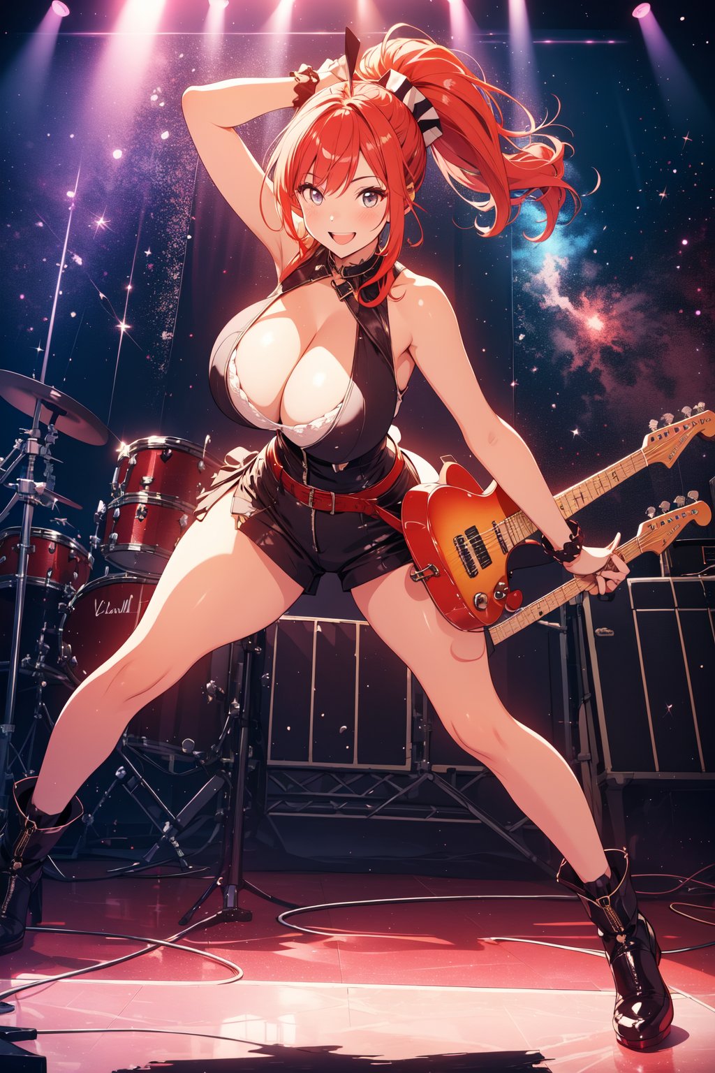 A full body shot of a female teenager, vermillion red hair, wearing a sparkly outfit, ponytail, singing with a microphone on stage, Her long hair bounces with each hit as she plays a lively rhythm, her eyes shining with excitement. psychodelic lighting create a dreamy atmosphere, while the composition emphasizes her joyful energy. Leather rocker outfit, tight tanktop, big breasts, big tits, bis chest, wide hips, cute smile