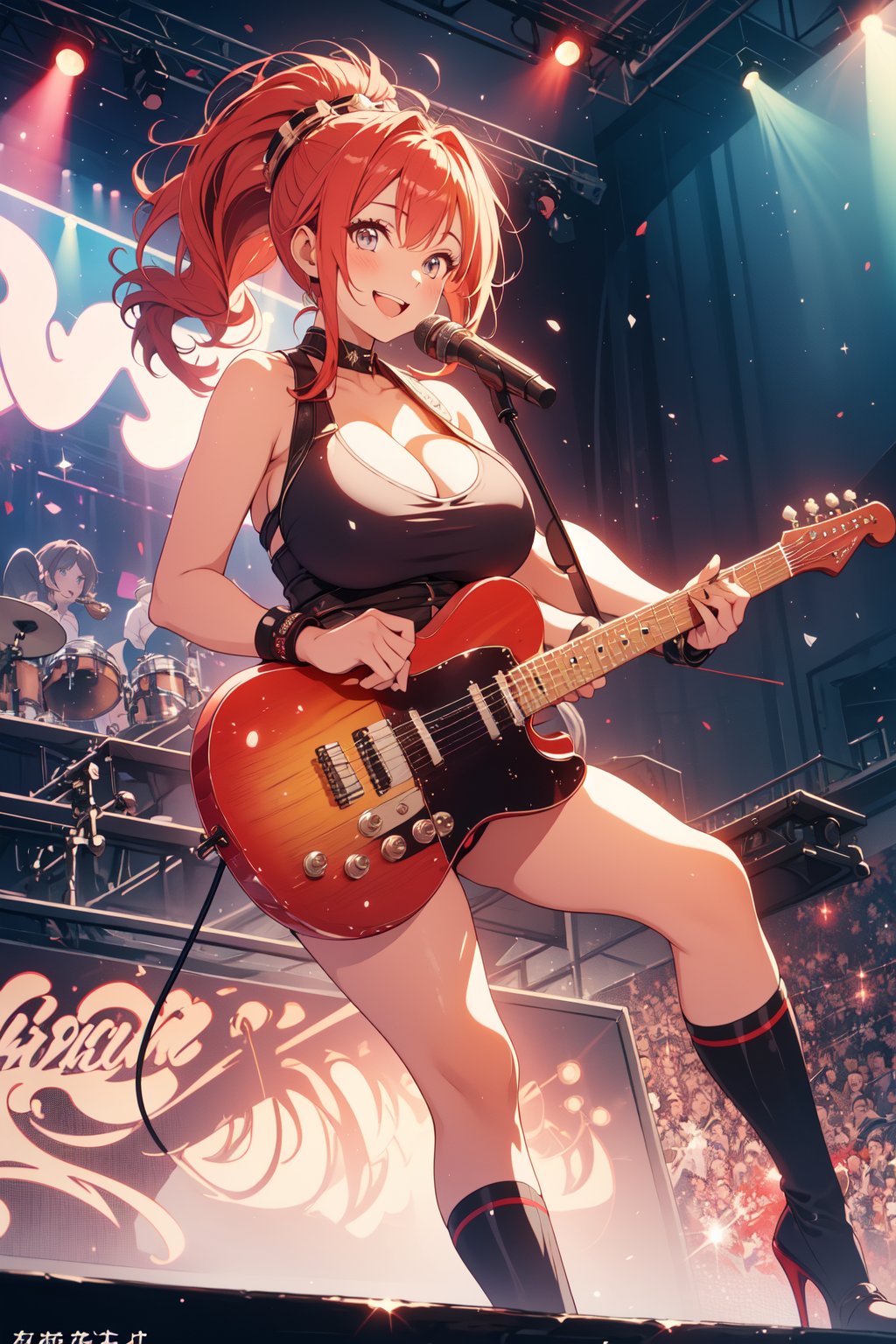 A full body shot of a female teenager, vermillion red hair, wearing a sparkly outfit, ponytail, singing with a microphone on stage, Her long hair bounces with each hit as she plays a lively rhythm, her eyes shining with excitement. psychodelic lighting create a dreamy atmosphere, while the composition emphasizes her joyful energy. Leather rocker outfit, tight tanktop, big breasts, big tits, bis chest, wide hips, cute smile