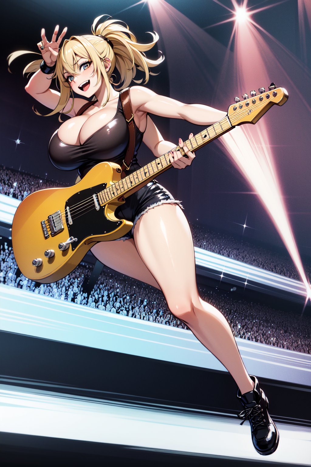 A full body shot of a female teenager, orange blonde hair, wearing a sparkly outfit, ponytail, Electric guitar on stage, Her long hair bounces with each hit as she plays a lively rhythm, her eyes shining with excitement. psychodelic lighting create a dreamy atmosphere, while the composition emphasizes her joyful energy. Leather rocker outfit, tight tanktop, big breasts, big tits, bis chest, wide hips, cute smile, torn shorts