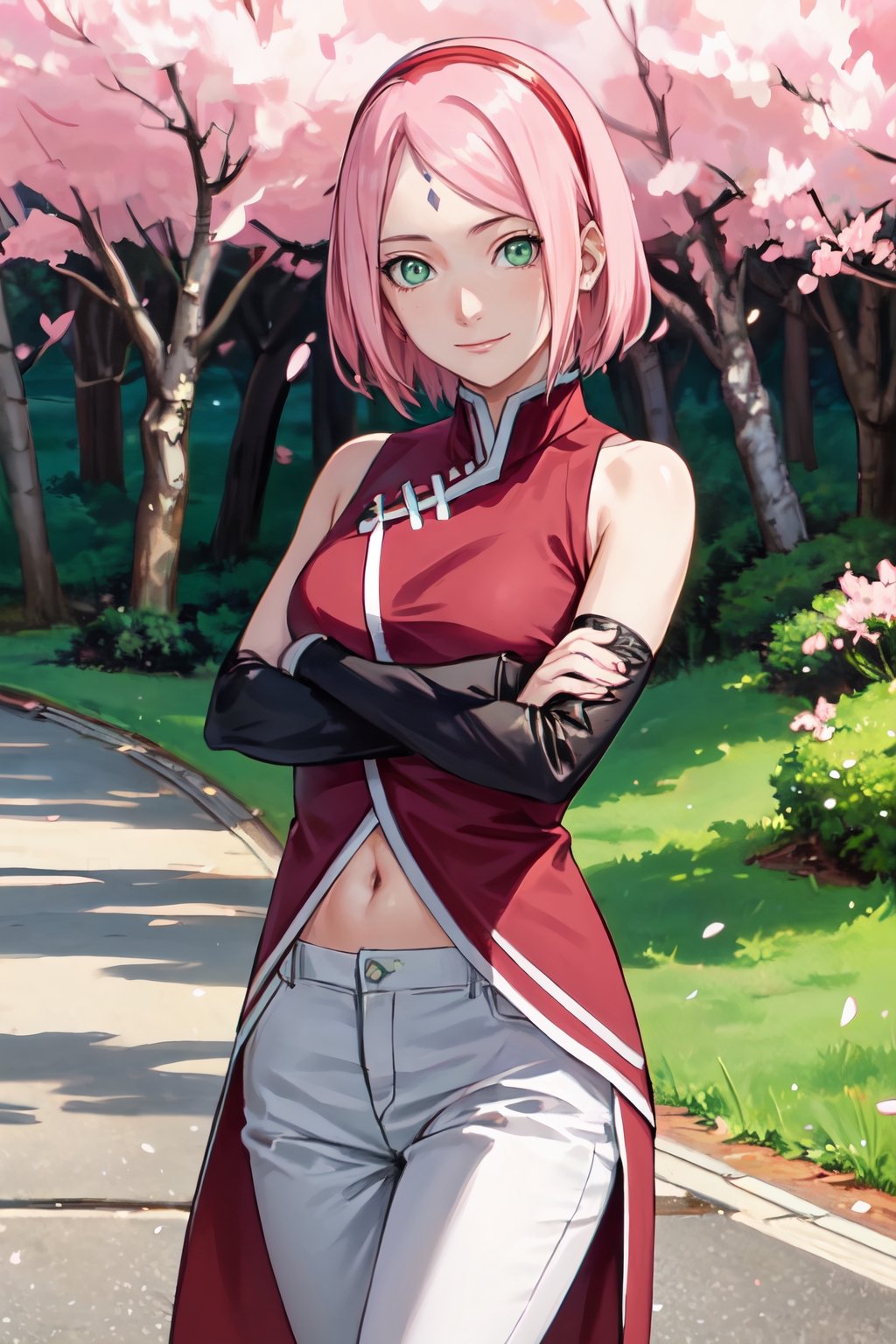 (masterpiece), best quality, expressive eyes, perfect face, looking at viewer, front view, medium shot, haruno sakura, red sleeveless dress, white pants, red hairband, forehead mark, short hair, pink hair, green eyes, navel, medium breasts, smile, crossed arms, lake, forest, cherry blossoms