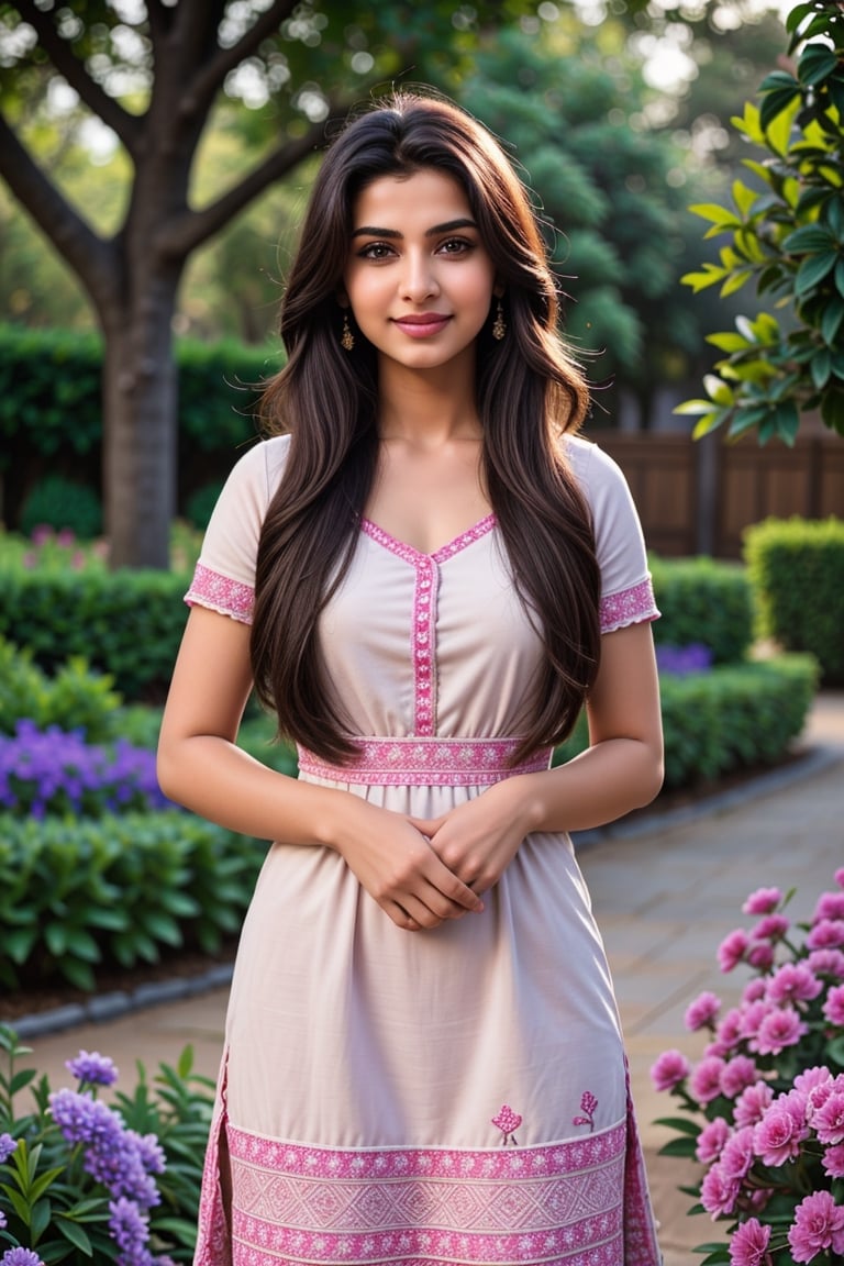 (ultra-detailed,highres,masterpiece:1.2), realistic,Kashmira Pardesi,14 years old innocent girl,Indian,Kashmira Pardesi,punjabi girl,pure white skin,slim figure body, long black hair, beautiful detailed eyes, beautiful detailed lips, beautiful detailed dress, expression of confidence and intelligence, standing in a vibrant garden with blooming flowers, warm sunlight casting soft lights,serene atmosphere,magical pink hue,subtle lens flare,fireflies,Extremely Realistic,real hand,more detail ,Kashmira Pardesi,Perfect Anything,Realistic