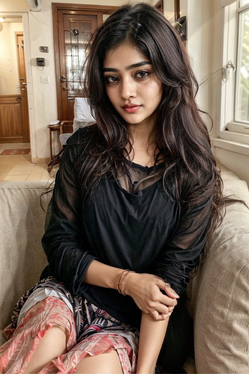 Beautiful cute young attractive Indian teenage girl, Village girl, 18 years old, cute, Instagram model, long black_hair, colorful hair, warm, dacing, in home sit at sofa, indian 