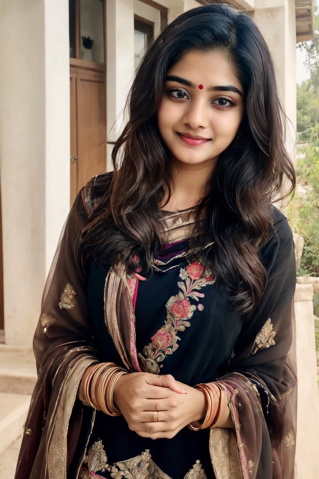 beautiful cute young attractive indian teenage girl, village girl, 18 years old, cute, Instagram model, long black_hair, colorful hair, warm, beautyful smile, Wearing salwar kameez 