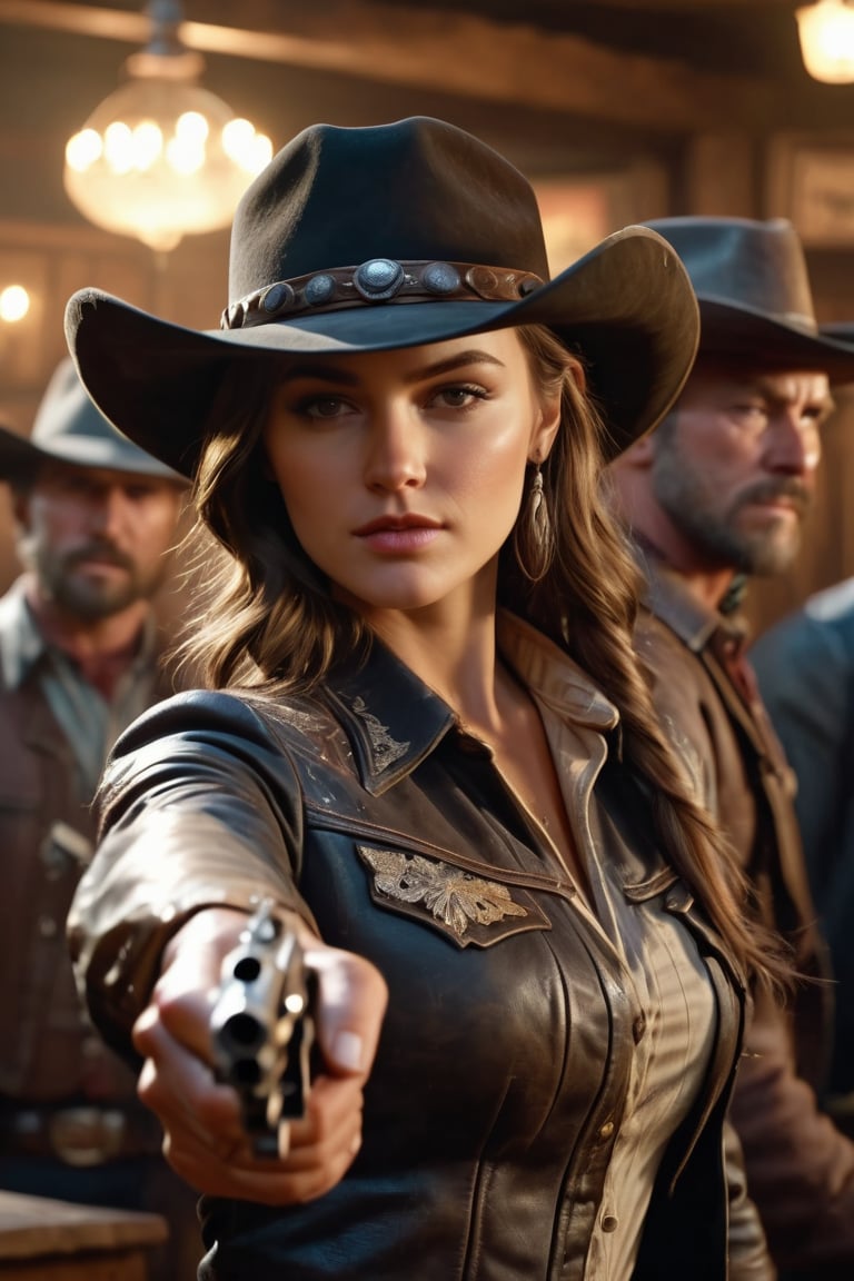 8K, UHD, wide angle shot, photo-realistic, skintexture, cinematic, masterpiece, perfect lighting, girl, cowboy shot, pointing pistol at group of thugs in western bar, old west, shiny silver pistols, shooting thugs, bullets flying, gun fights