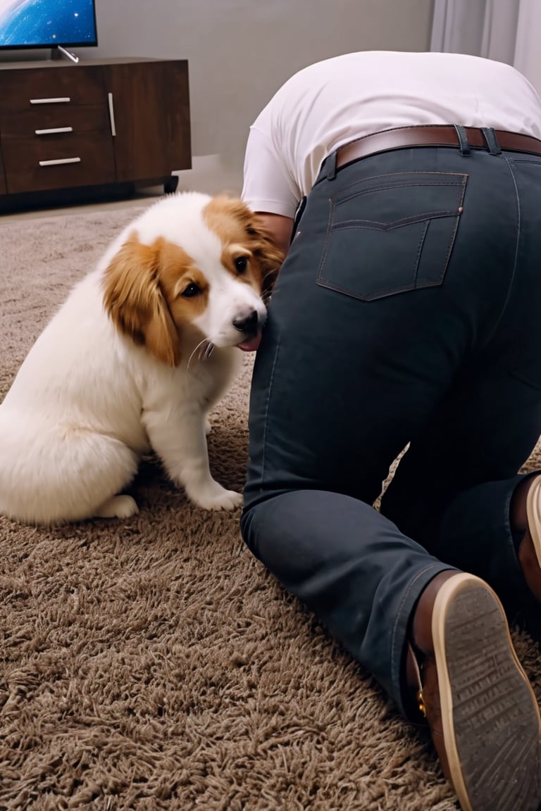 8K, UHD, wide-angle perspective, photo-realistic, cinematic, cute dog smelling Elon Musk elon's bum bum