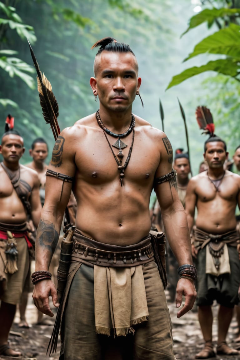 8K, UHD, full_body perspective shot, portrait, photo-realistic, cinematic, ancient mohicans civilization, multiple tribe members, villagers, hunted a boar, tribe village in the jungle, ultra-detailed, weapons, close to nature, perfect lighting, peaceful, tranquil, vintage photo feel, tattoos, dirt face, depth of field, bokeh