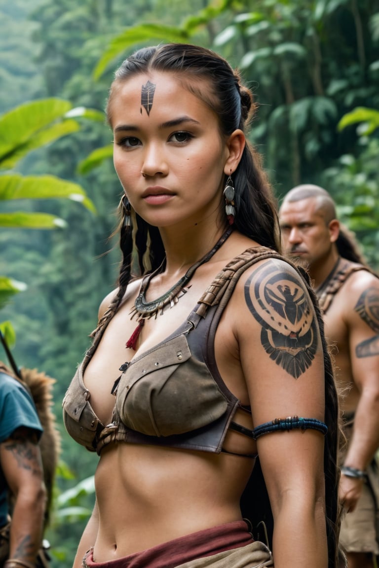 8K, UHD, full_body perspective shot, portrait, photo-realistic, cinematic, ancient mohicans civilization, multiple tribe members, villagers, eagles on shoulders, tribe village in the jungle, pretty girl, ultra-detailed, weapons, close to nature, perfect lighting, peaceful, tranquil, vintage photo, tattoos, dirt face, depth of field, bokeh