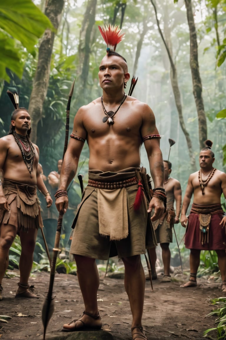 8K, UHD, full_body perspective shot, portrait, photo-realistic, cinematic, ancient mohicans civilization, multiple tribe members, villagers, throwing spear at deer, tribe village in the jungle, ultra-detailed, weapons, close to nature, perfect lighting, peaceful, tranquil, vintage photo feel, tattoos, dirt face, depth of field, bokeh