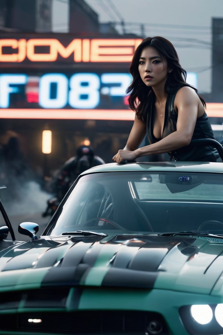 8K, UHD, first-person low-angle perspective, panoramic, photo-realistic, cinematic, destopian lighting, dark atmosphere, japanese fast and furious. pretty driver girls, muscle cars, speed chase, smoke, mist