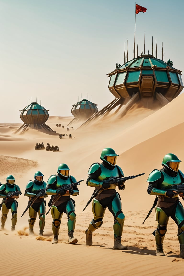 8K, UHD, low-angle perspective, panoramic, photo-realistic, cinematic, scene from dune movie, many Ordos soldiers carry weapon in Ordos base, green armour, tinted full helmet, in desert, sand dust blowing, many enormous harvesters, multiple futuristic crafts flying in skies