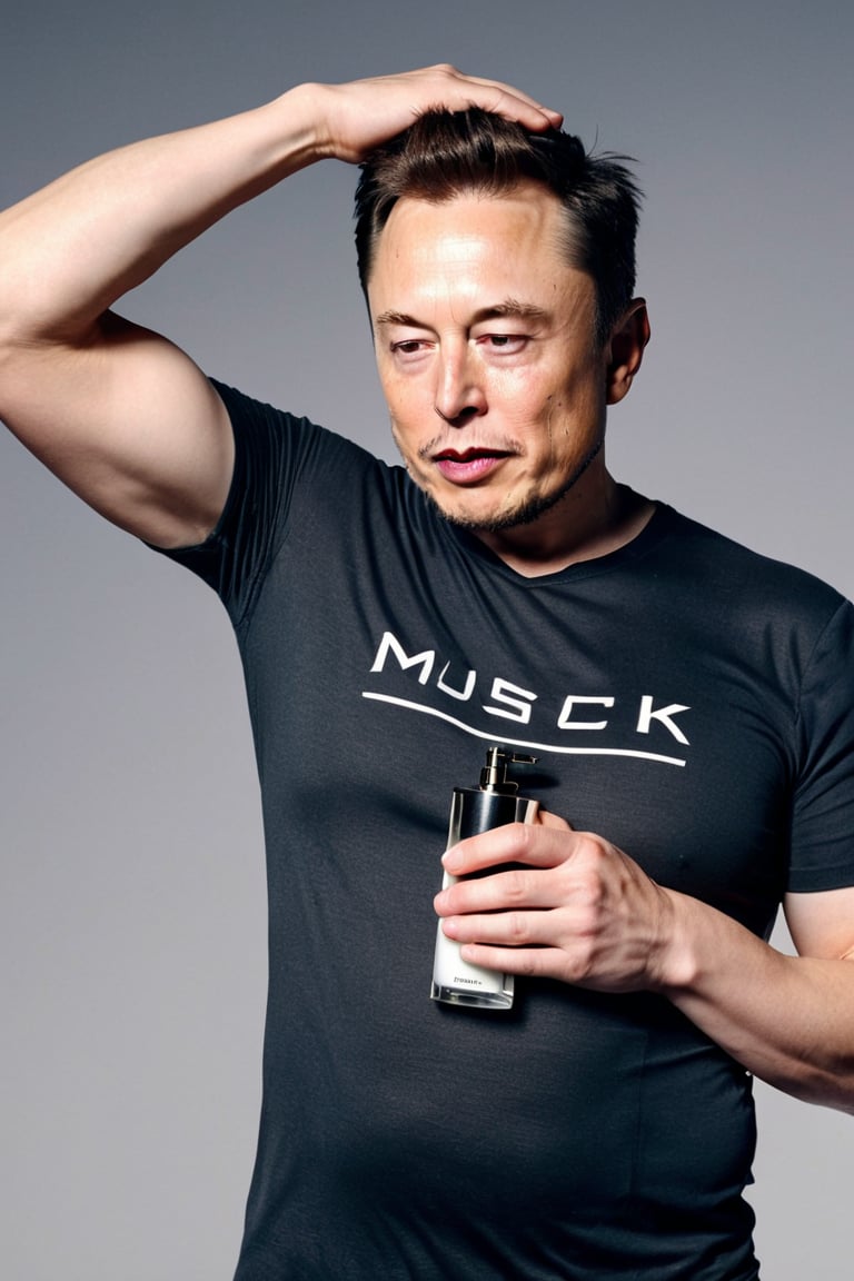 8K, UHD, wide-angle perspective, photo-realistic, cinematic, Elon Musk depressing nozzle of perfume, spraying perfume under his under arm, raised armpit, very fine spread vapour, clothed, word "Musk" on bottle