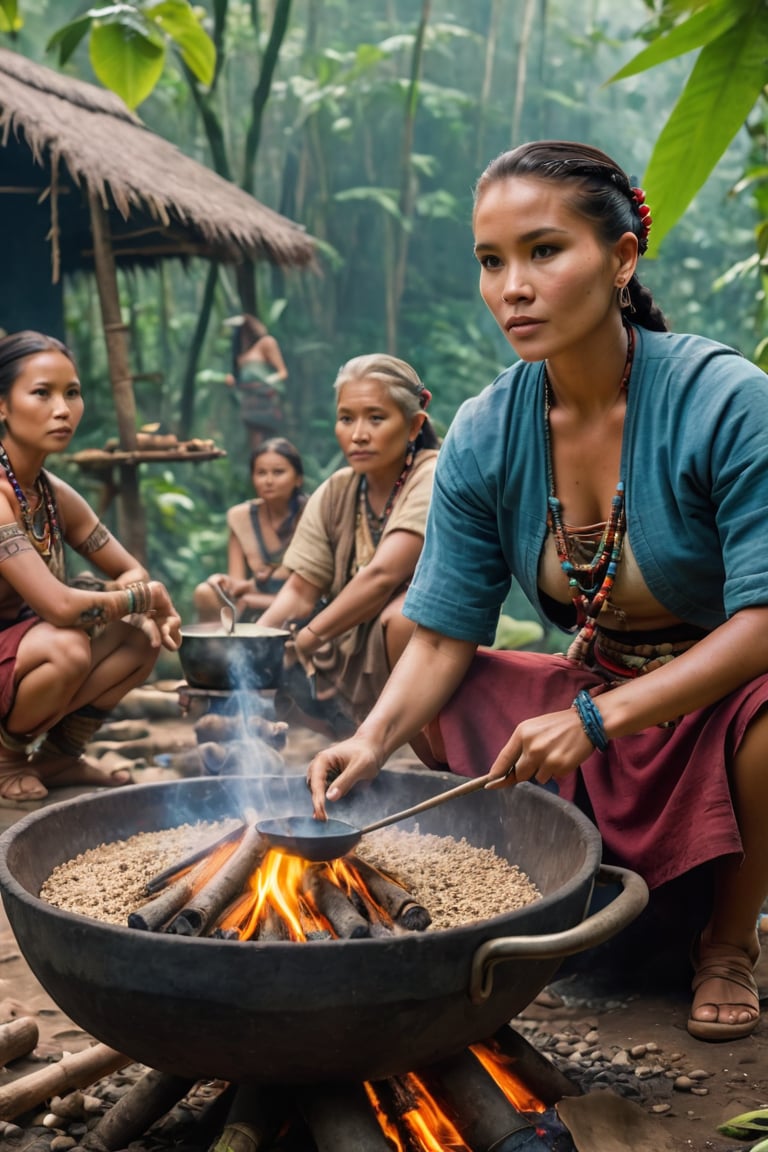 8K, UHD, full_body perspective shot, portrait, photo-realistic, cinematic, ancient mohicans civilization, multiple tribe members, female villagers cooking, clothed, tribe village in the jungle, close to nature, perfect lighting, peaceful, tranquil, stray dogs, vintage photo, tattoos, dirt face, depth of field, bokeh, mosaic nips