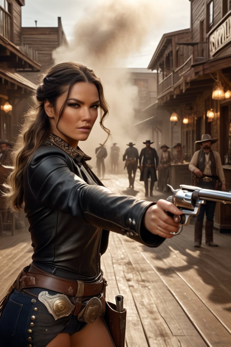 8K, UHD, wide angle shot, photo-realistic, skintexture, cinematic, masterpiece, perfect lighting, bloom, female, pointing revolver at group of thugs in western bar, cowboy shot, wild wild west, old west, shiny silver pistols, shooting crooks, bullets flying, Spurs, gun fights, gloomy sandstorm 