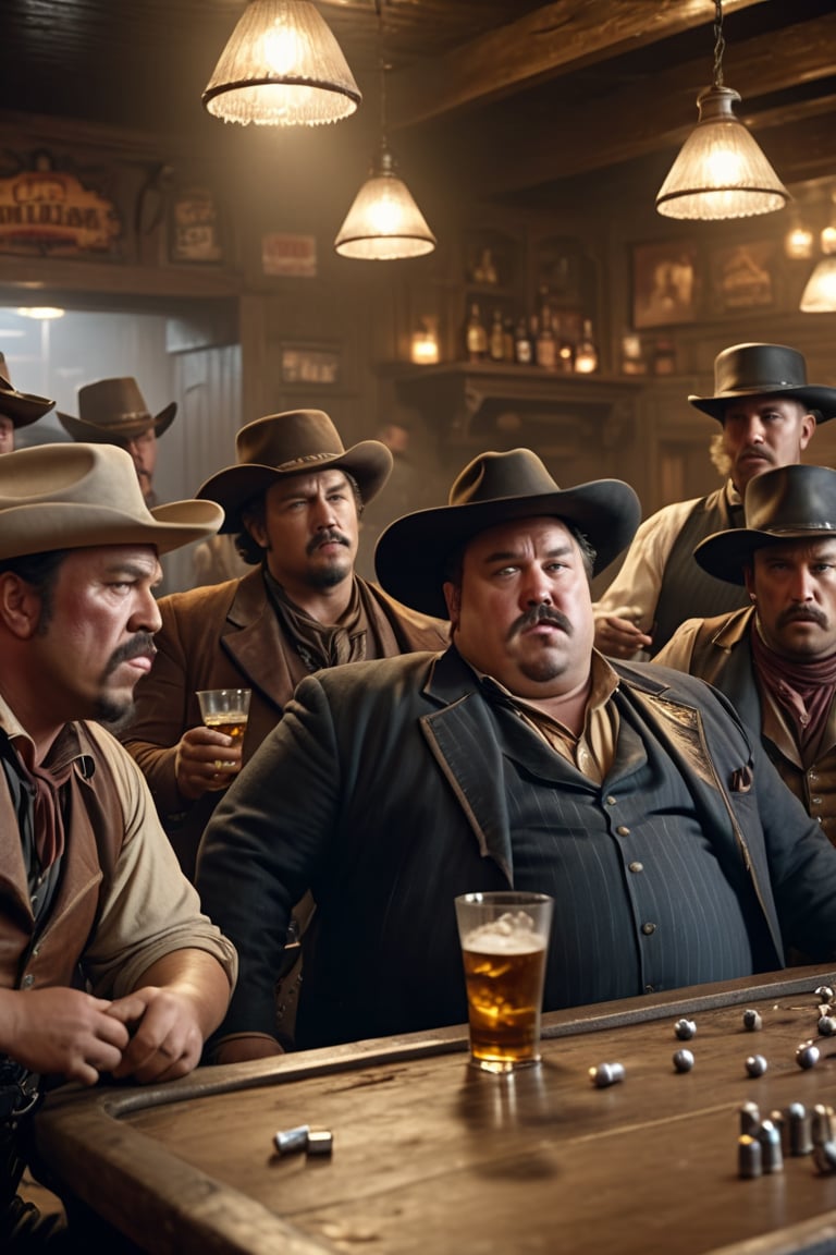 8K, UHD, wide angle shot, photo-realistic, cinematic, masterpiece, perfect lighting, group of fat thugs drinking in bar, gambling, wild wild west, old west, shooting crooks, bullets flying, Spurs, gun fights, gloomy sandstorm, western bar