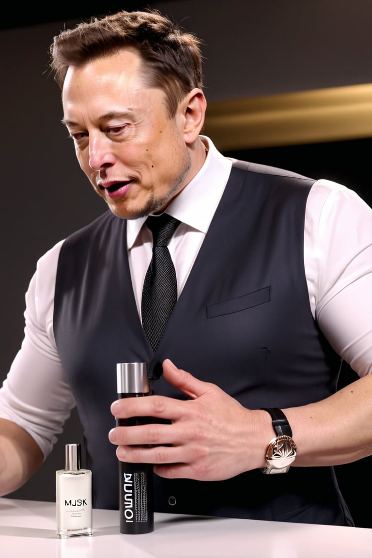 8K, UHD, wide-angle perspective, photo-realistic, cinematic, Elon Musk pressing nozzle of perfume, spraying perfume under his under arm, very fine sprayed from nozzle, clothed, word "Musk" on bottle