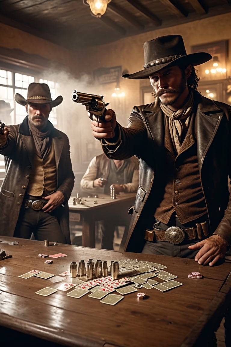 8K, UHD, wide angle shot, photo-realistic, cinematic, perfect lighting, cowboy shot, pointing revolver at group of thugs, shiny silver pistols, shooting drunks, bullets flying, gambling cards, old west, gun fights, gloomy sandstorm, western bar