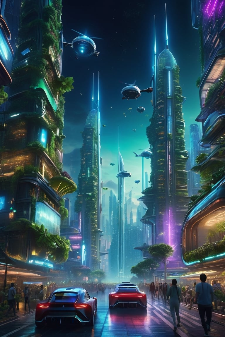 8K, UHD, cinematic, photo-realistic, 3/4 perspective view, world where technology and nature intertwine seamlessly, (flying vehicles:1.1) futuristic metropolis, skyscrapers adorned with verdant greenery, people walking in street, organic and synthetic structures, holographic interfaces float in the air, skyline symphony of neon and bioluminescence, dark night environment, night scenes, atmospheric mist,xxmixgirl,mj