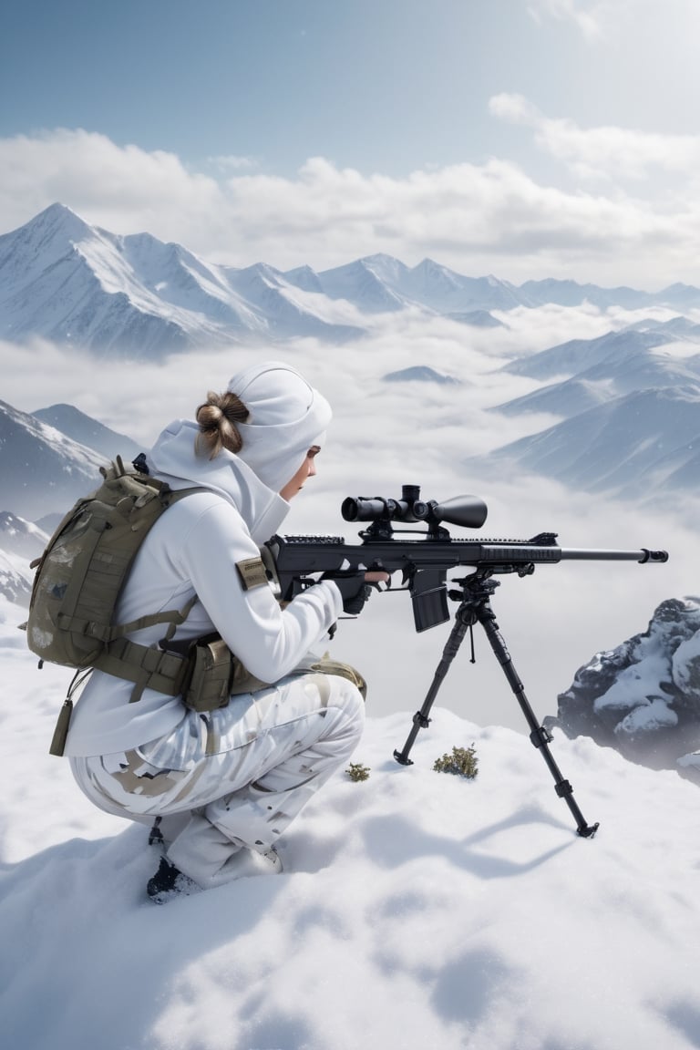 8K, UHD, cinematic, hyper-realistic, 3/4 back
perspective view, (girl sniper:1.1) (white snowwear with hoody:1.1) (white sniper rifle:1.1) Barrett MRAD, white camouflage pants, white backpack, (laying down prone:1.1) on snowy mountain, aiming target, under white camo net, overlooking many enemy hike,  masterpiece, aesthetic, depth, heavy snow fall, atmospheric mist, hazy environment