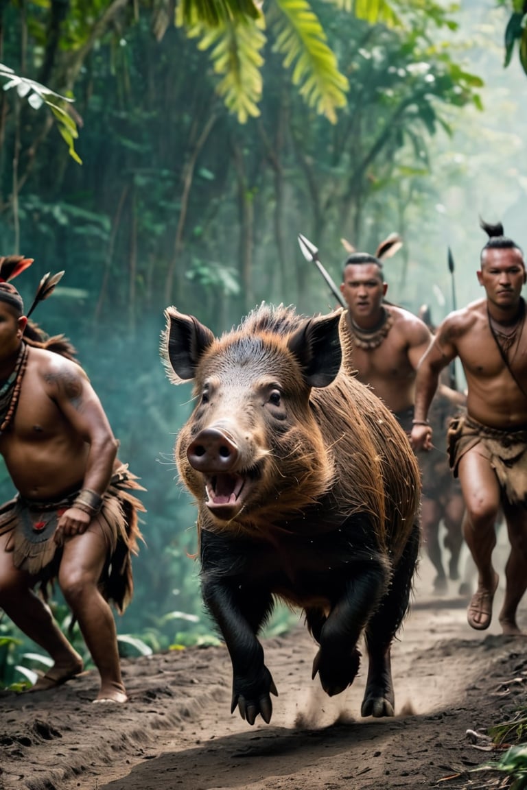 8K, UHD, full_body perspective shot, portrait, photo-realistic, cinematic, wild boar escaping in front of multiple tribe members, ancient mohicans civilization, tribe village in the jungle, ultra-detailed, weapons, close to nature, perfect lighting, peaceful, tranquil, vintage photo feel, tattoos, dirt face, depth of field, bokeh