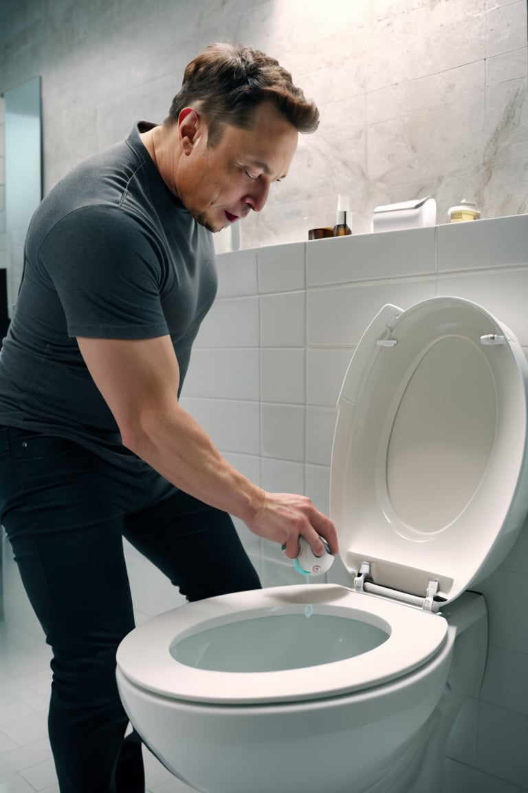 8K, UHD, wide-angle perspective, photo-realistic, cinematic, Elon Musk spraying deodorant on toilet bowl