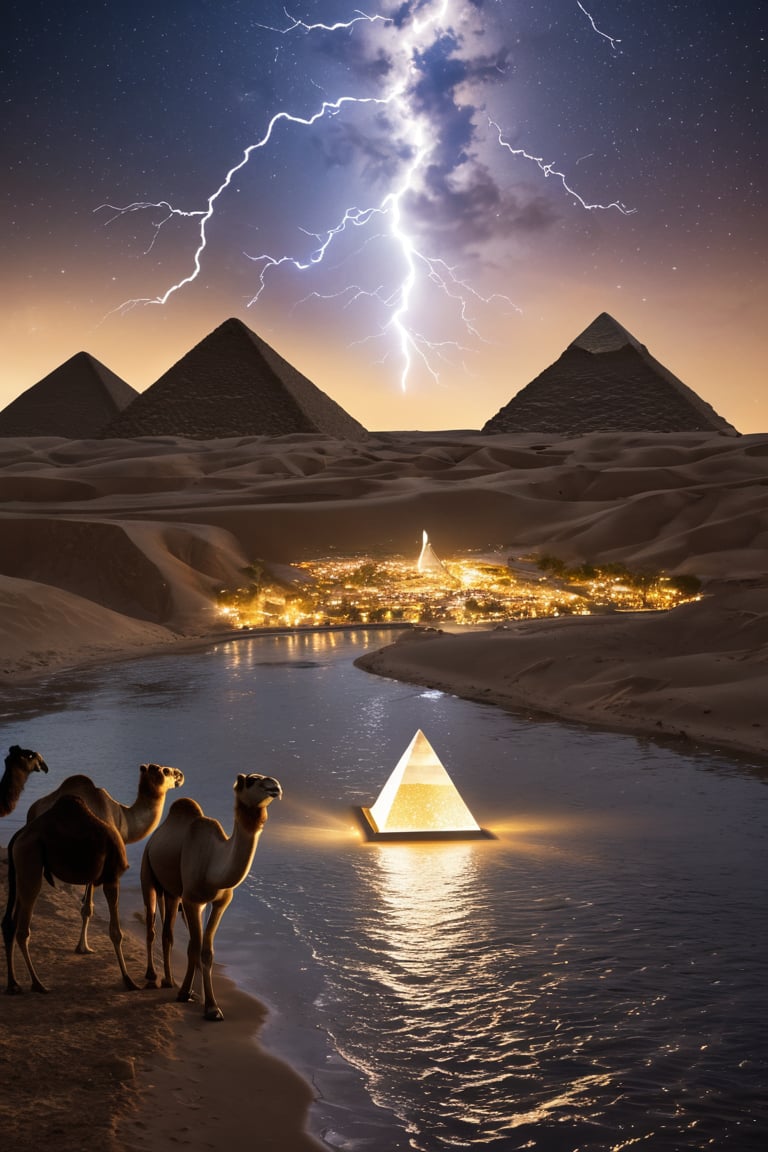 8K, UHD, low angle shot from feet-level, photo-realistic, cinematic, (first-person perspective:1.1) smooth polished Moonstone pyramid, pure gold capstone, narrow canal of water across dessert, lightning sparks emitting from top, egyptians in robes and hoodie walking towards, camels feeding, perfect lighting, stunning view, dim skies, constellations clearly seen in skies, cosmic alignment 