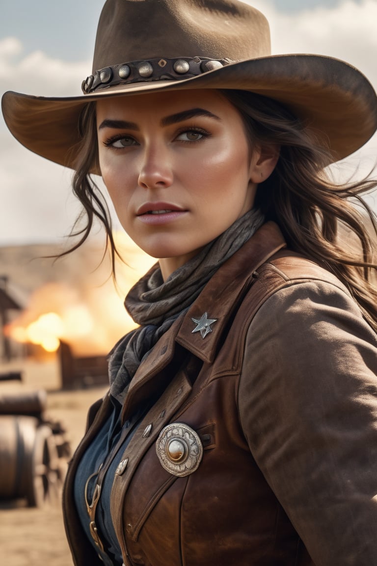 8K, UHD, wide angle shot, photo-realistic, flawed skintexture, cinematic, masterpiece, perfect lighting,  female, cowboy shot, wild wild west, old west, shiny silver pistols, shooting crooks, bullets flying, Spurs, gun fights, gloomy sandstorm and hay, western bar